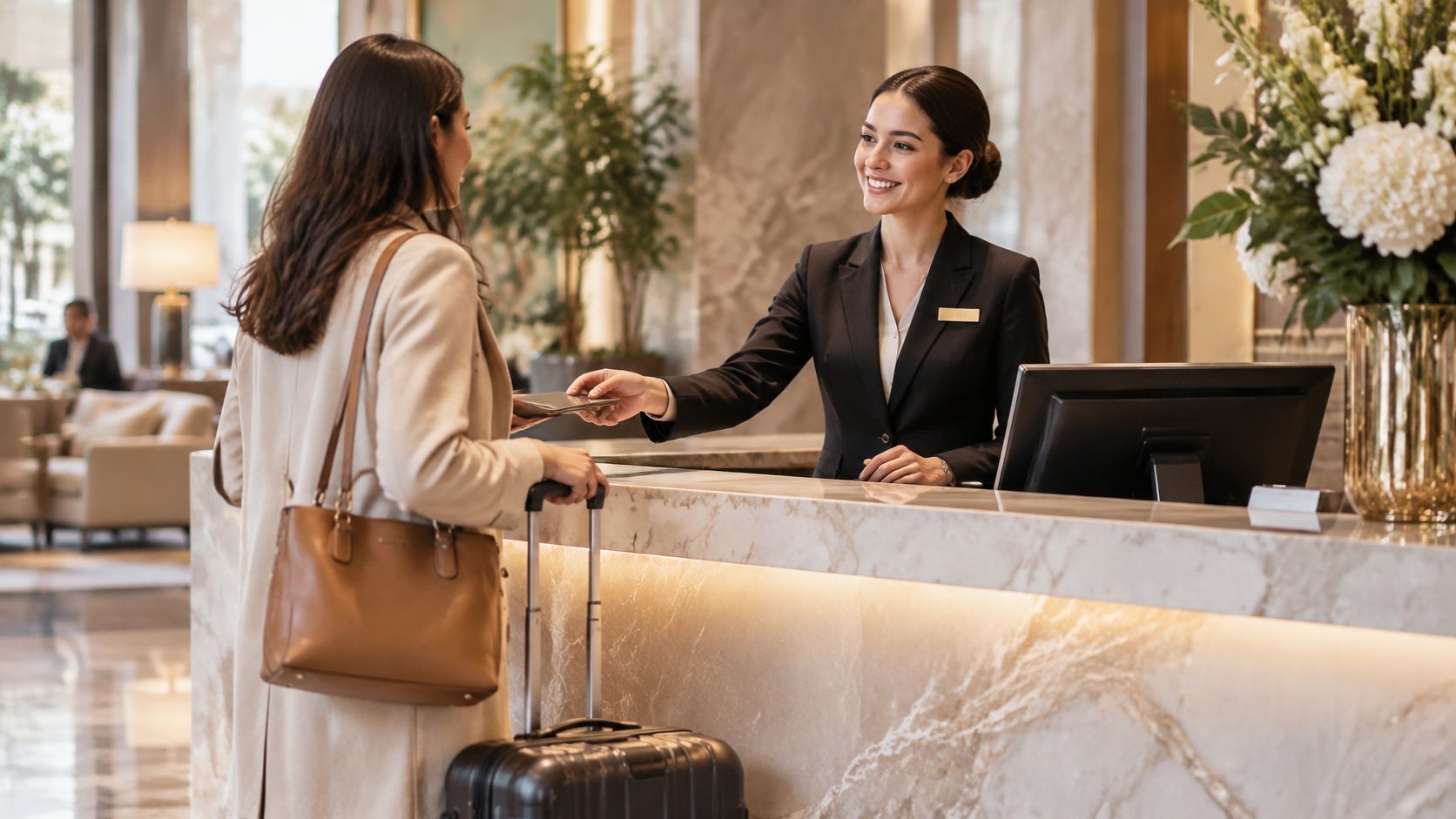 A friendly hotel receptionist in a professional suit assists a guest with check-in at a marble desk.