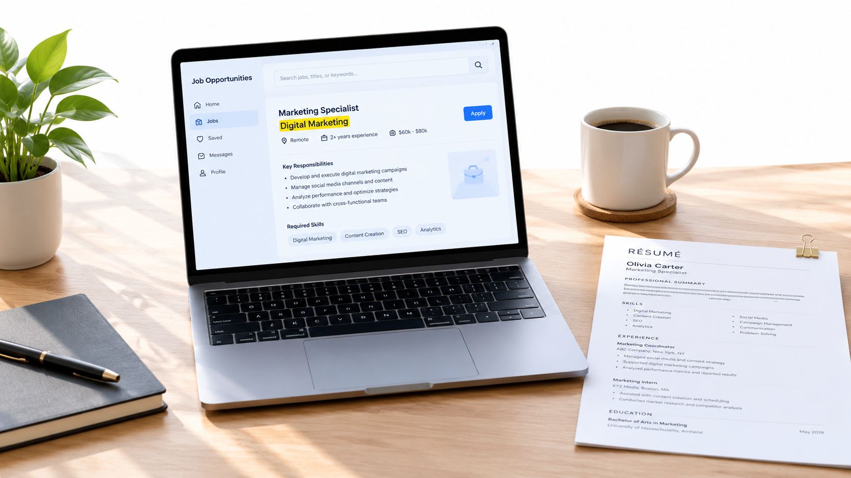 A laptop displaying job opportunities beside a physical resume and coffee on a wooden workspace desk.