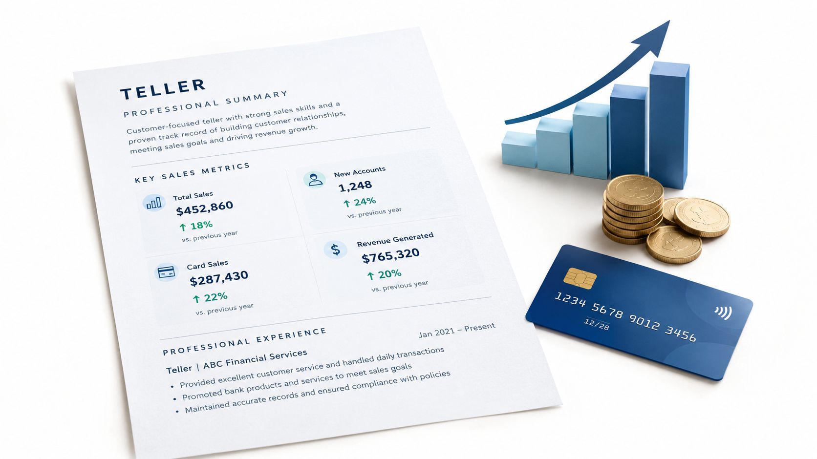 A professional bank teller resume document featuring sales metrics, growth charts, gold coins, and a credit card.