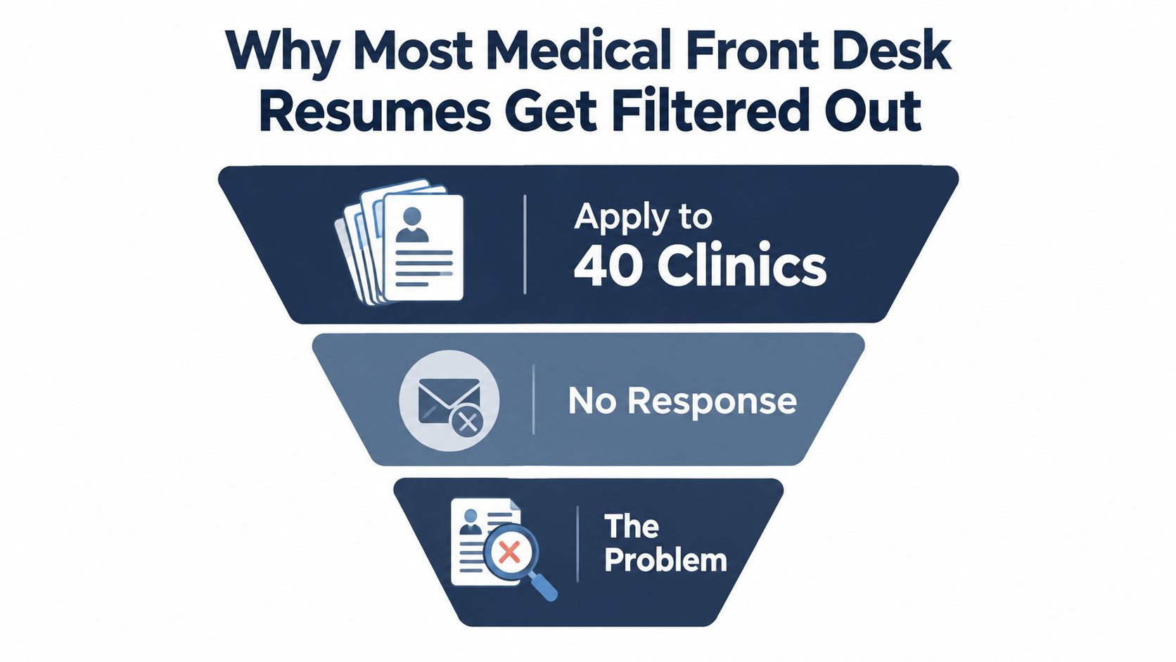 A funnel diagram illustrating why most medical front desk job applications receive no response from clinics.