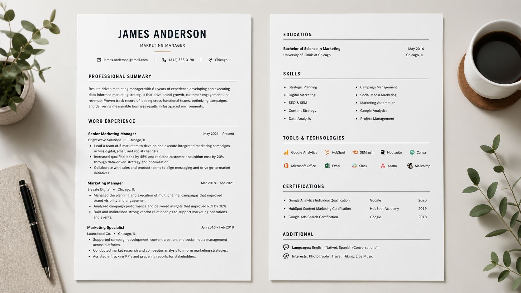 A professional resume for a marketing manager printed on two pages laid out on a desk surface.