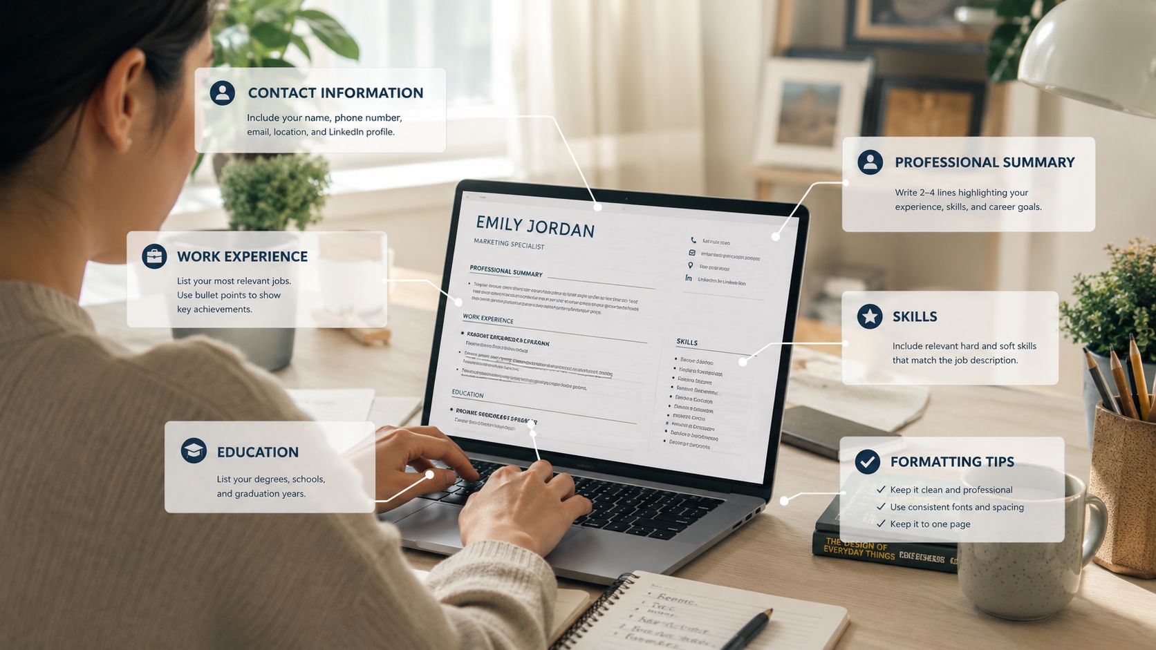 A person working on a laptop displaying a professional resume template with helpful resume writing tips overlayed.