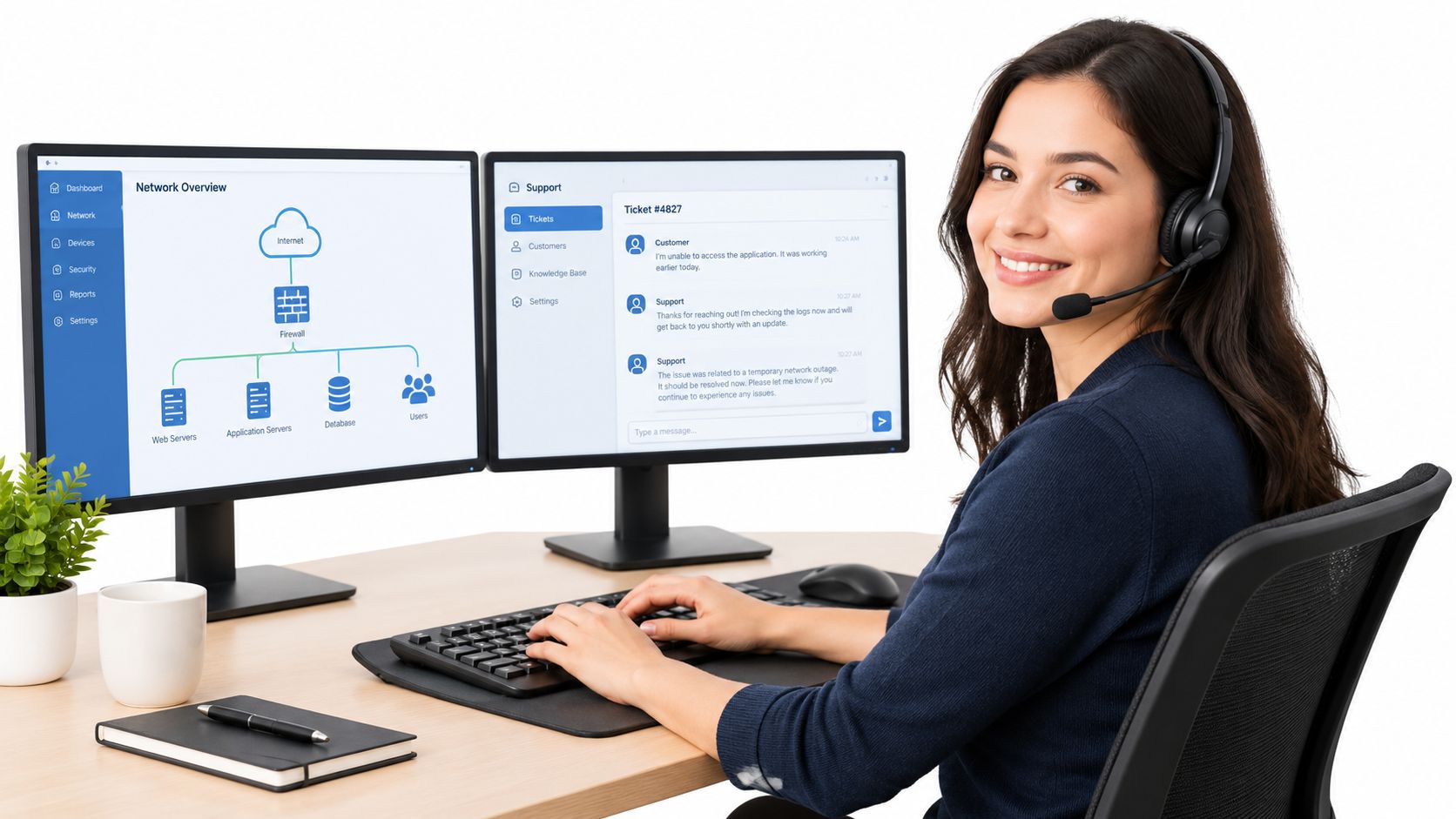 A smiling customer service representative using a dual-monitor setup to assist a client via support ticket software.