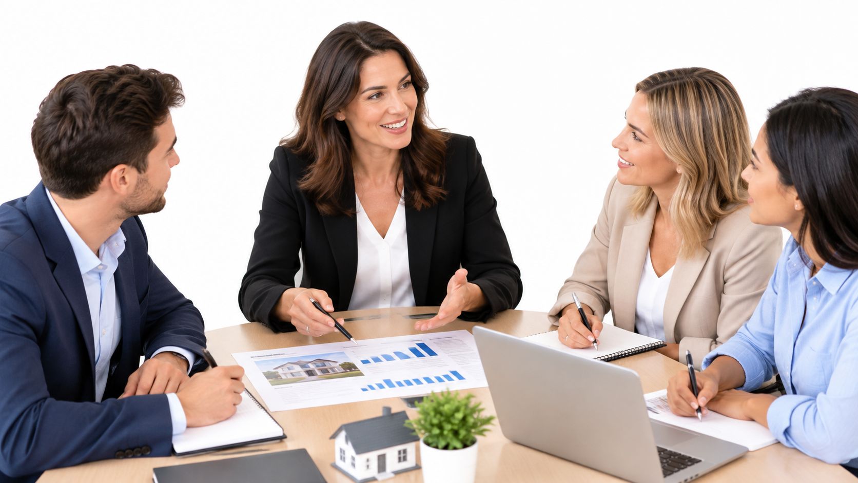 A professional team of real estate agents discussing housing market trends during a business meeting in an office.