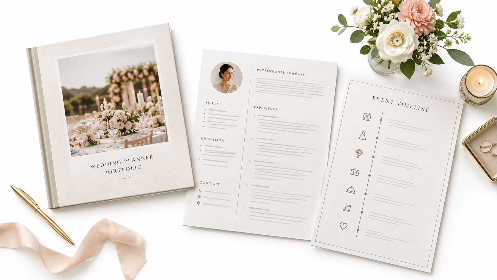 A professional wedding planner resume and event timeline displayed on a desk with a portfolio and flowers.