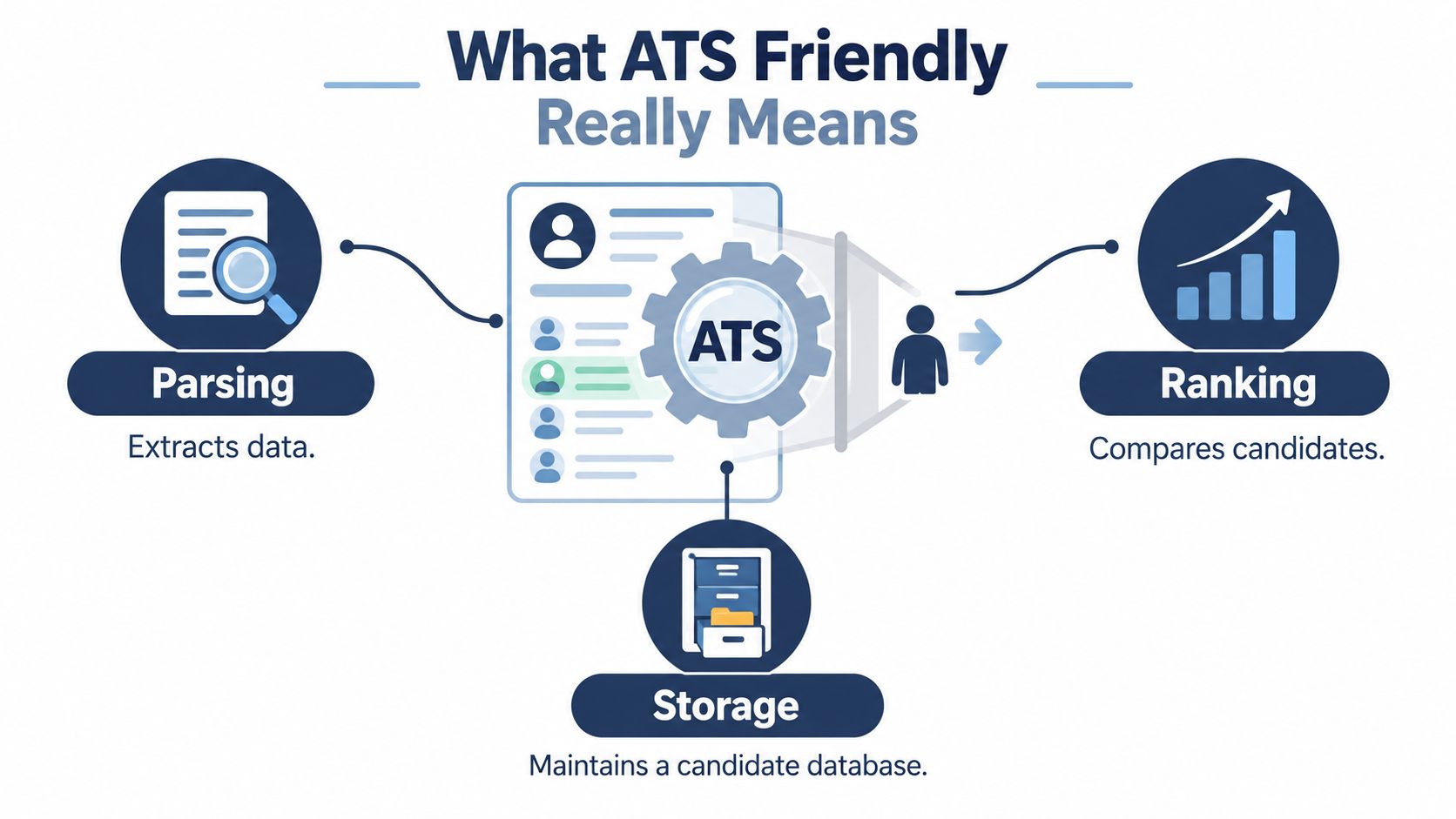 An infographic illustrating how Applicant Tracking Systems (ATS) process resumes through parsing, storage, and candidate ranking.