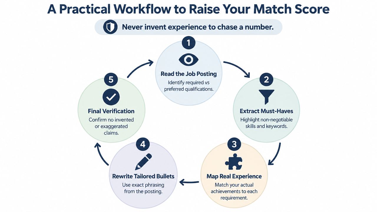 A circular infographic detailing a five-step practical workflow for job seekers to raise their resume match score.