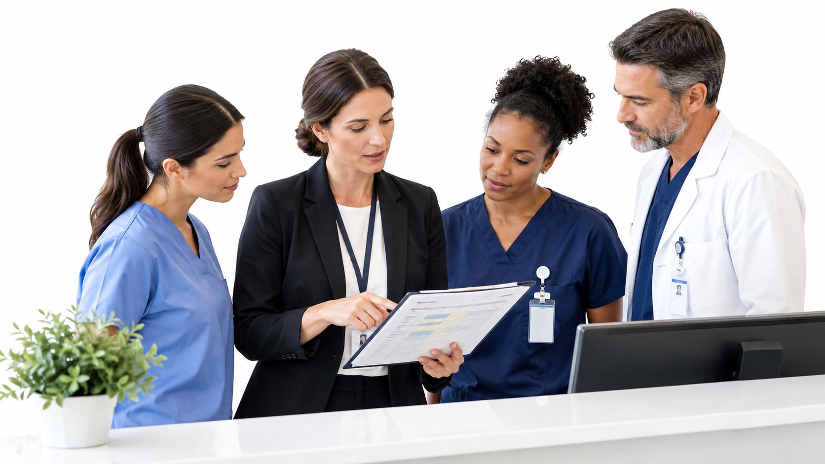 A professional operations manager discusses patient documentation with a diverse medical team at a hospital reception desk.