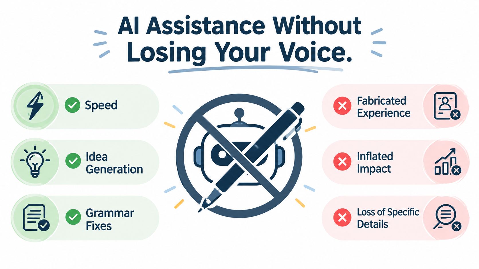 A graphic showing the benefits of AI in writing compared to its common pitfalls and risks.