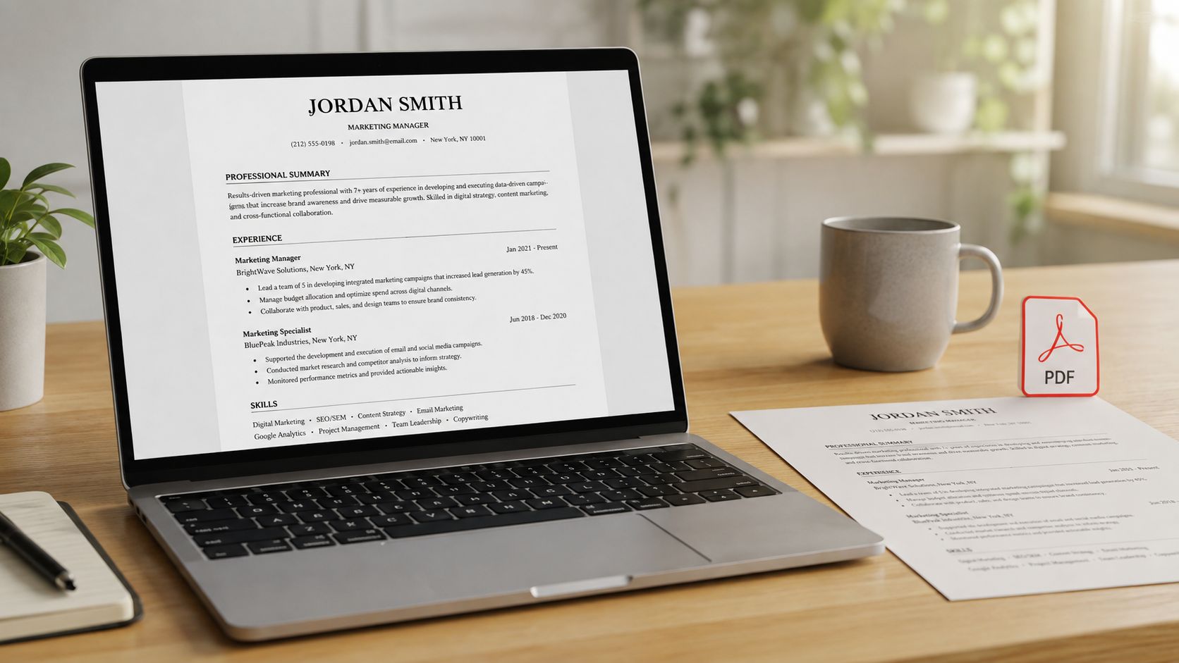 A modern laptop displaying a professional marketing manager resume on a desk with a coffee mug.