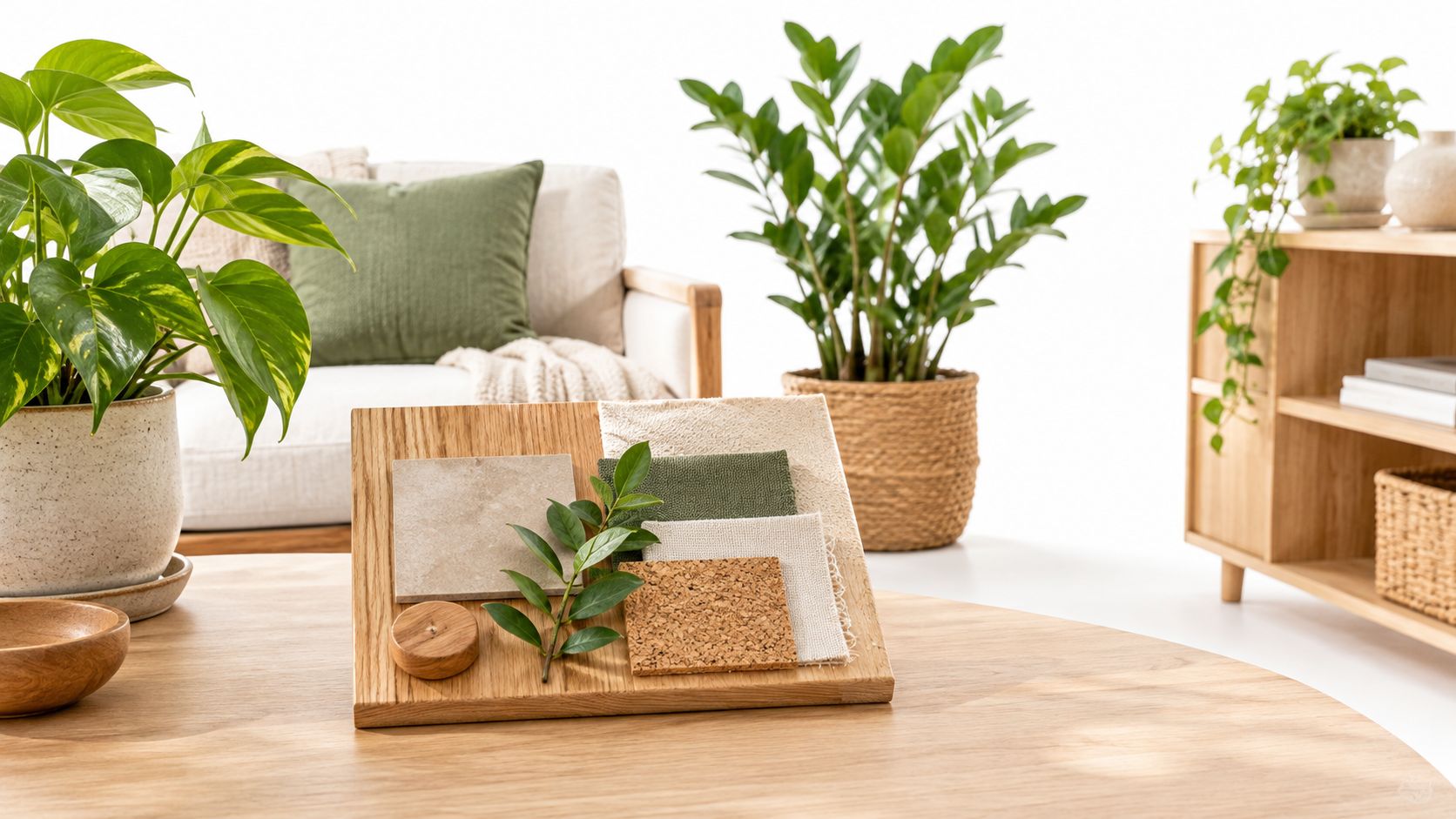 A wooden mood board featuring fabric, tile, and cork samples resting on a table with plants.