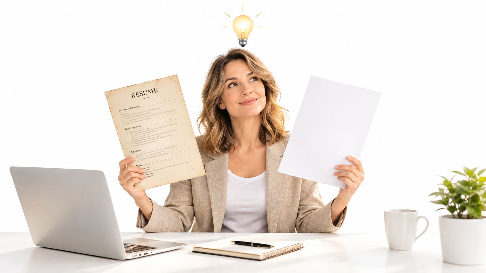 A woman holding a resume and a blank paper with a lightbulb icon above her head.