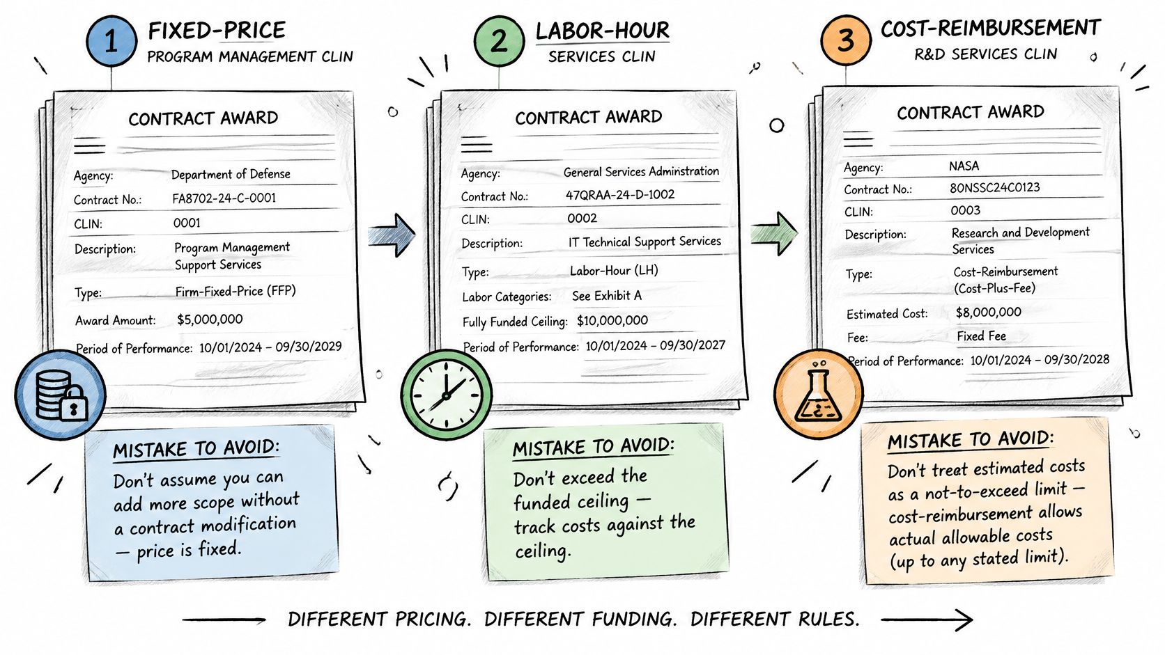 An infographic illustrating three common government contract types including Fixed-Price, Labor-Hour, and Cost-Reimbursement with their respective key details.