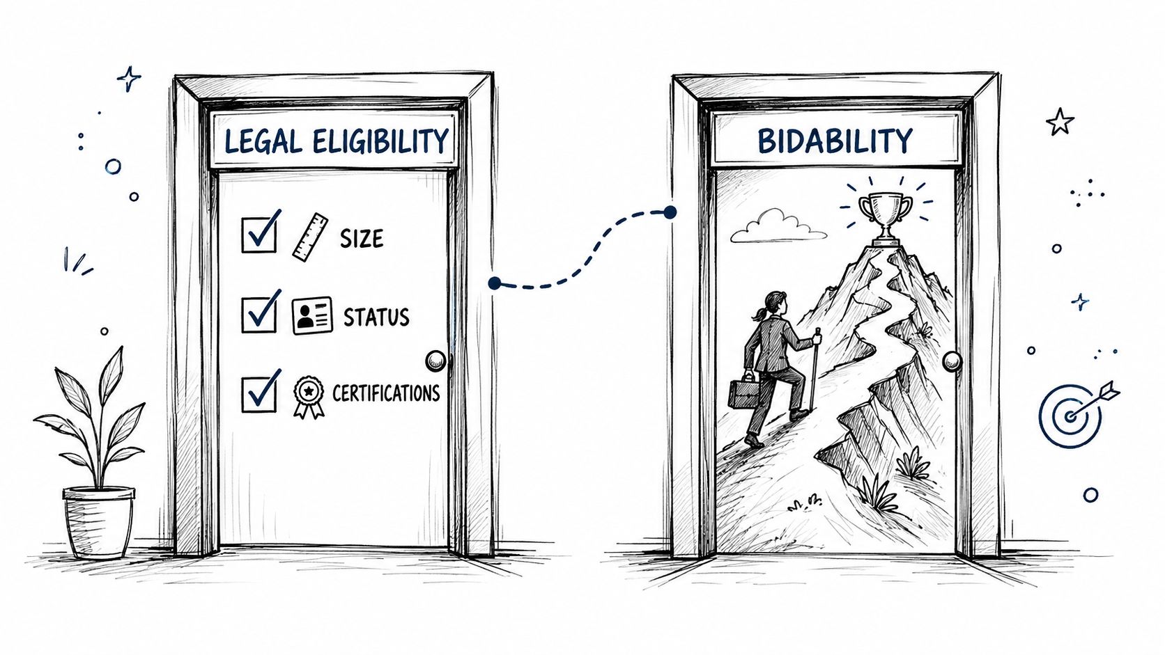 A hand-drawn illustration showing two doors, one labeled Legal Eligibility with business criteria and one labeled Bidability.