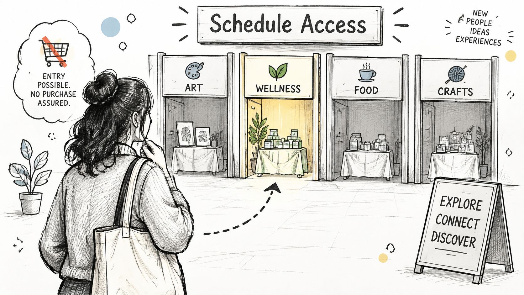 A person choosing between different interest-based activity booths at an event titled Schedule Access.