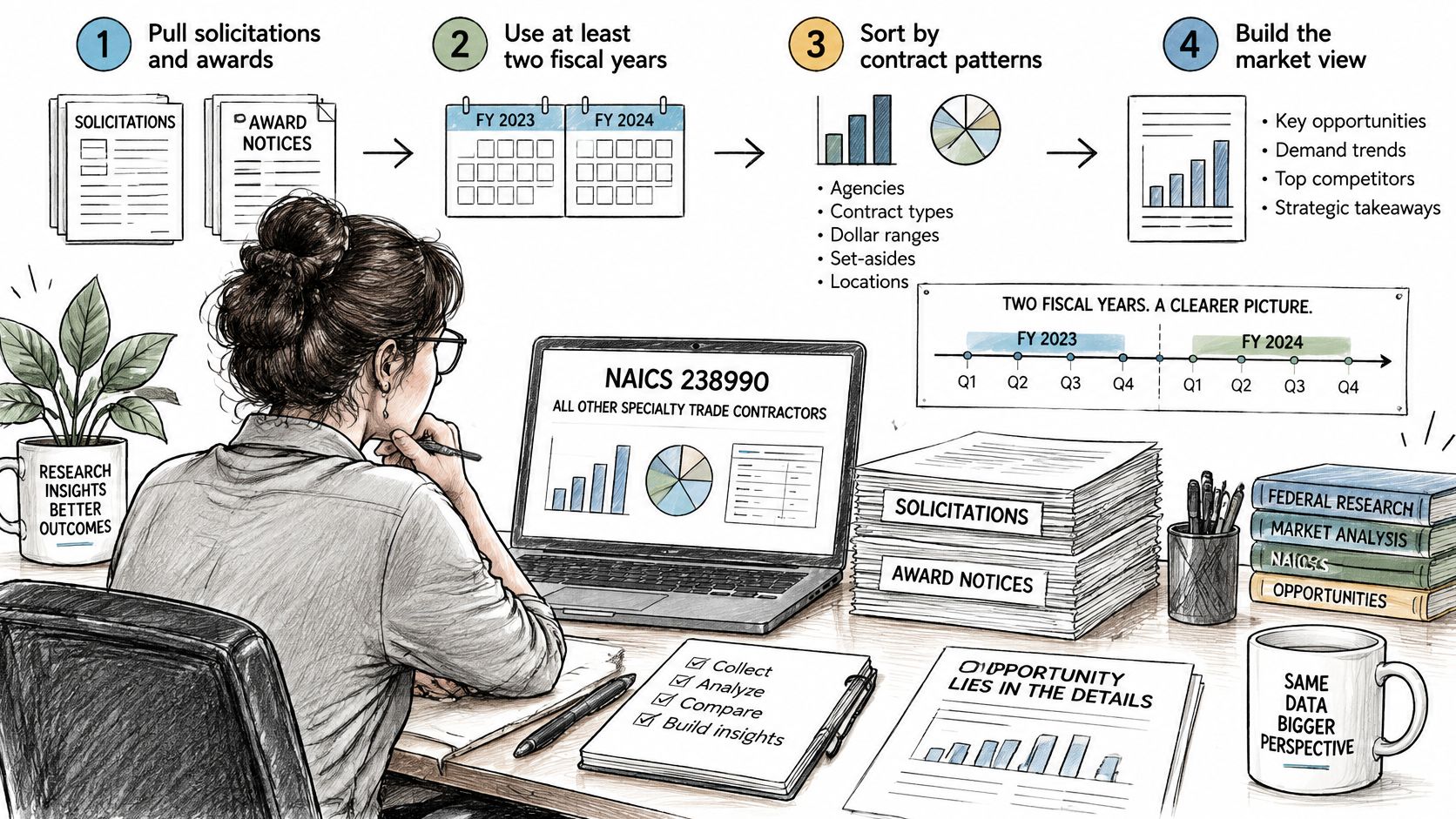 A person analyzing government contract data for NAICS code 238990 at a desk with charts and documents.