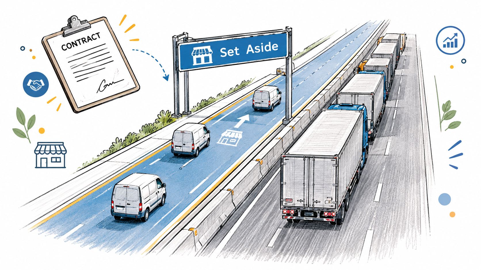 A conceptual illustration showing delivery vans driving on a highway toward a Set Aside sign.