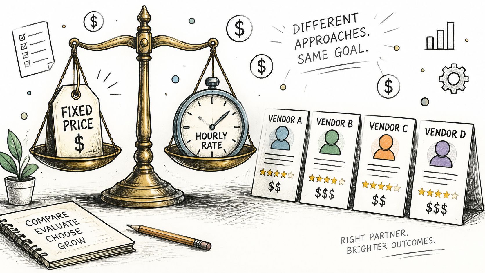 A scale comparing fixed price versus hourly rate models alongside four vendor options with ratings.