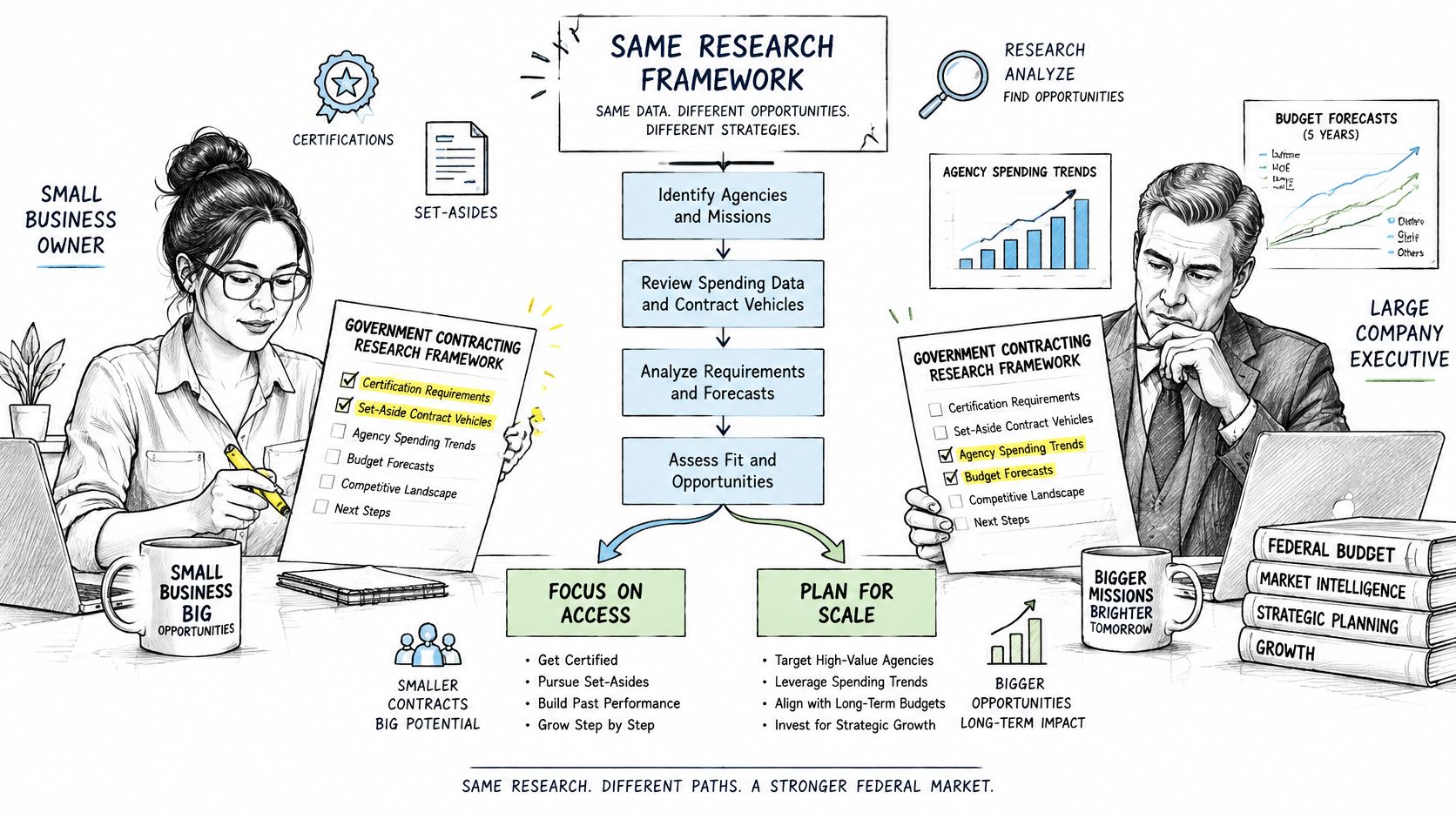 A conceptual illustration comparing strategies for small business owners and large company executives in federal contracting.