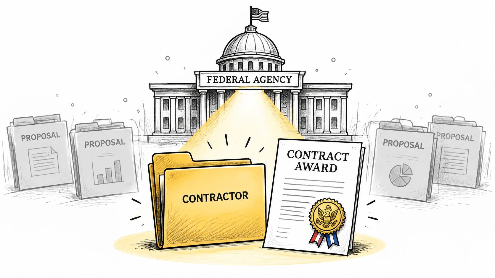 A yellow file folder labeled contractor sits before a federal agency building with a contract award document.