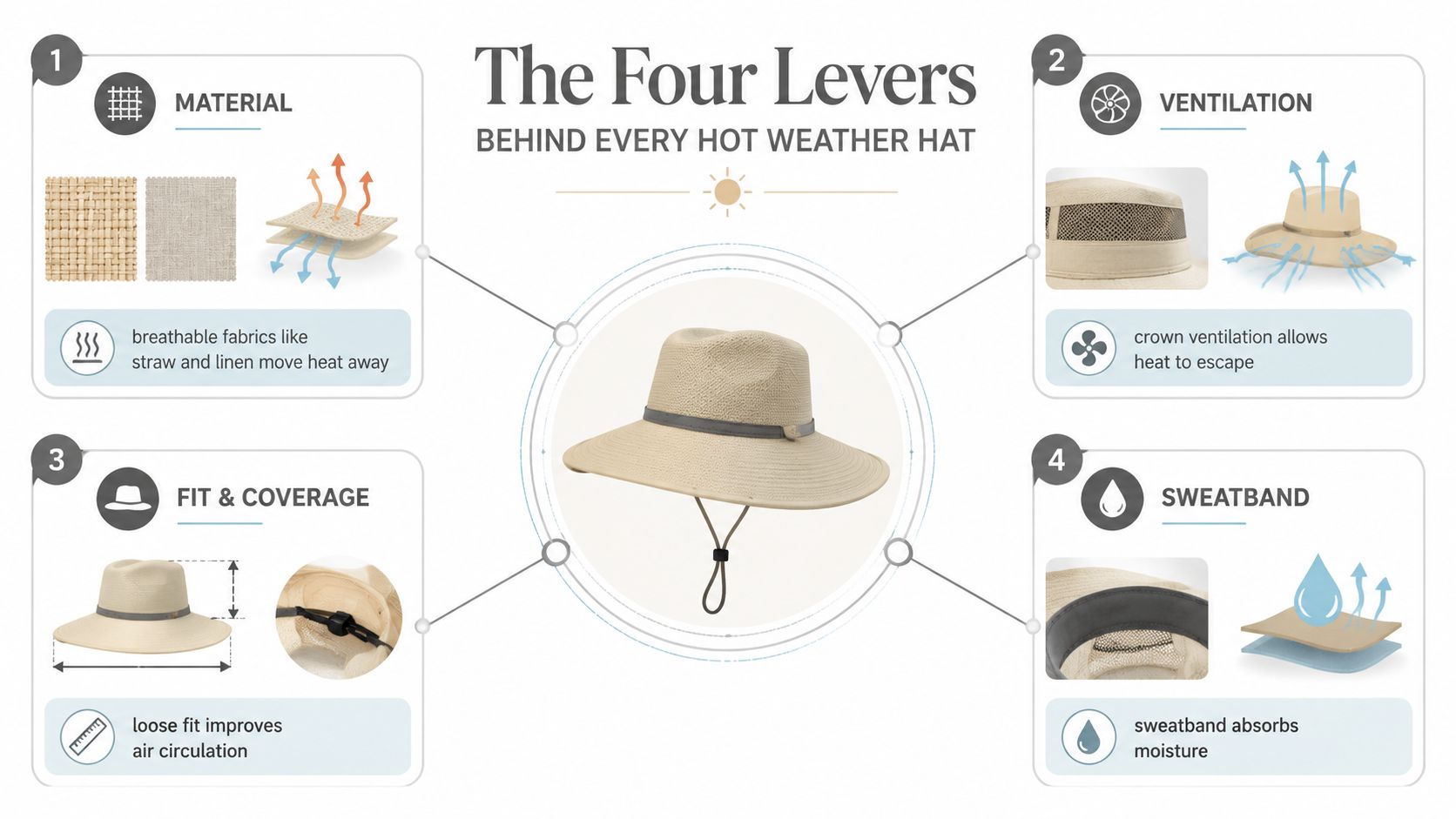 An infographic showing four key features of high-quality sun hats designed for hot weather performance and comfort.