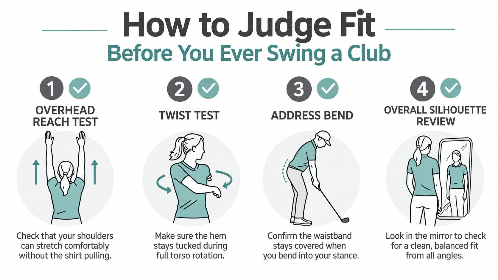 An instructional graphic illustrating four essential tests for checking the fit of women's golf apparel.