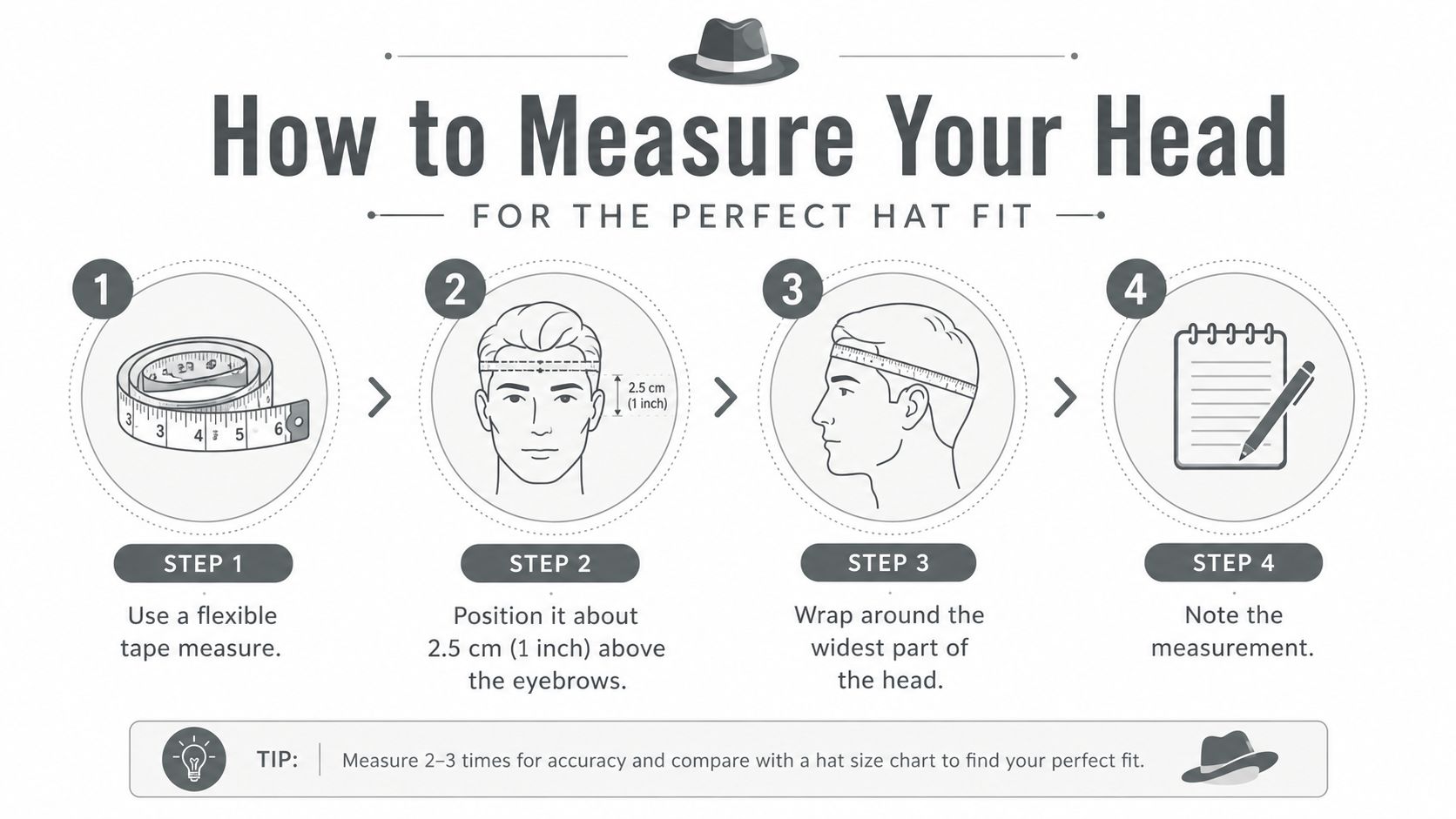 An infographic showing four simple steps on how to measure your head correctly for a hat.