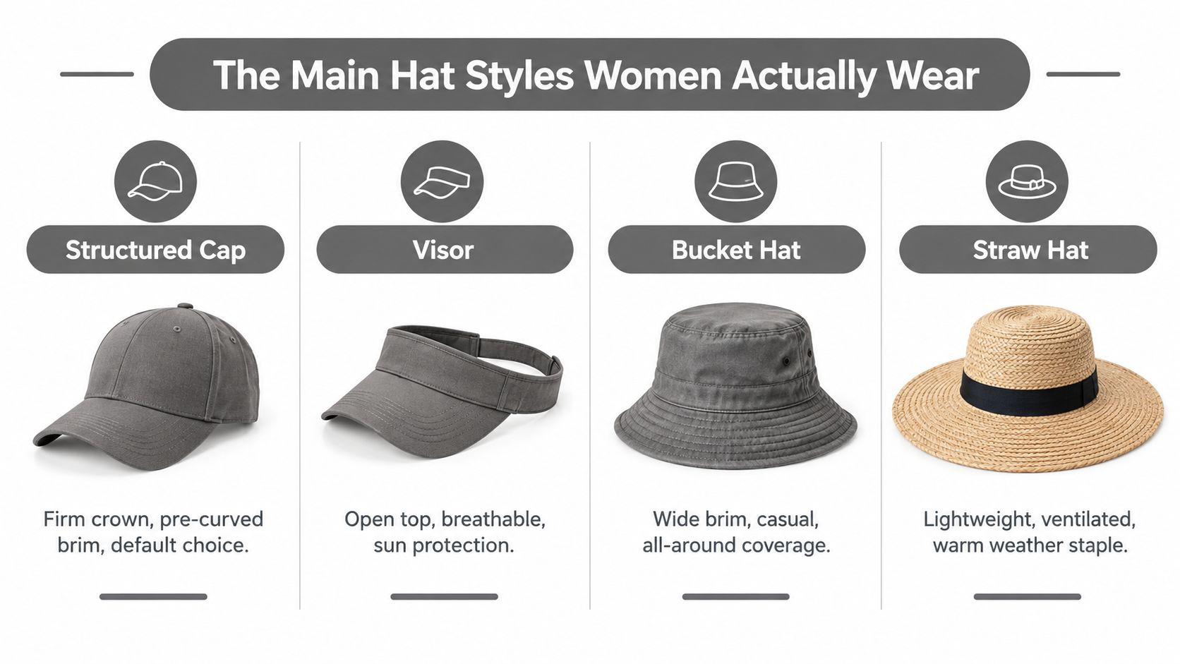 A graphic illustration showcasing four common hat styles for women, including structured caps, visors, bucket hats, and straw hats.