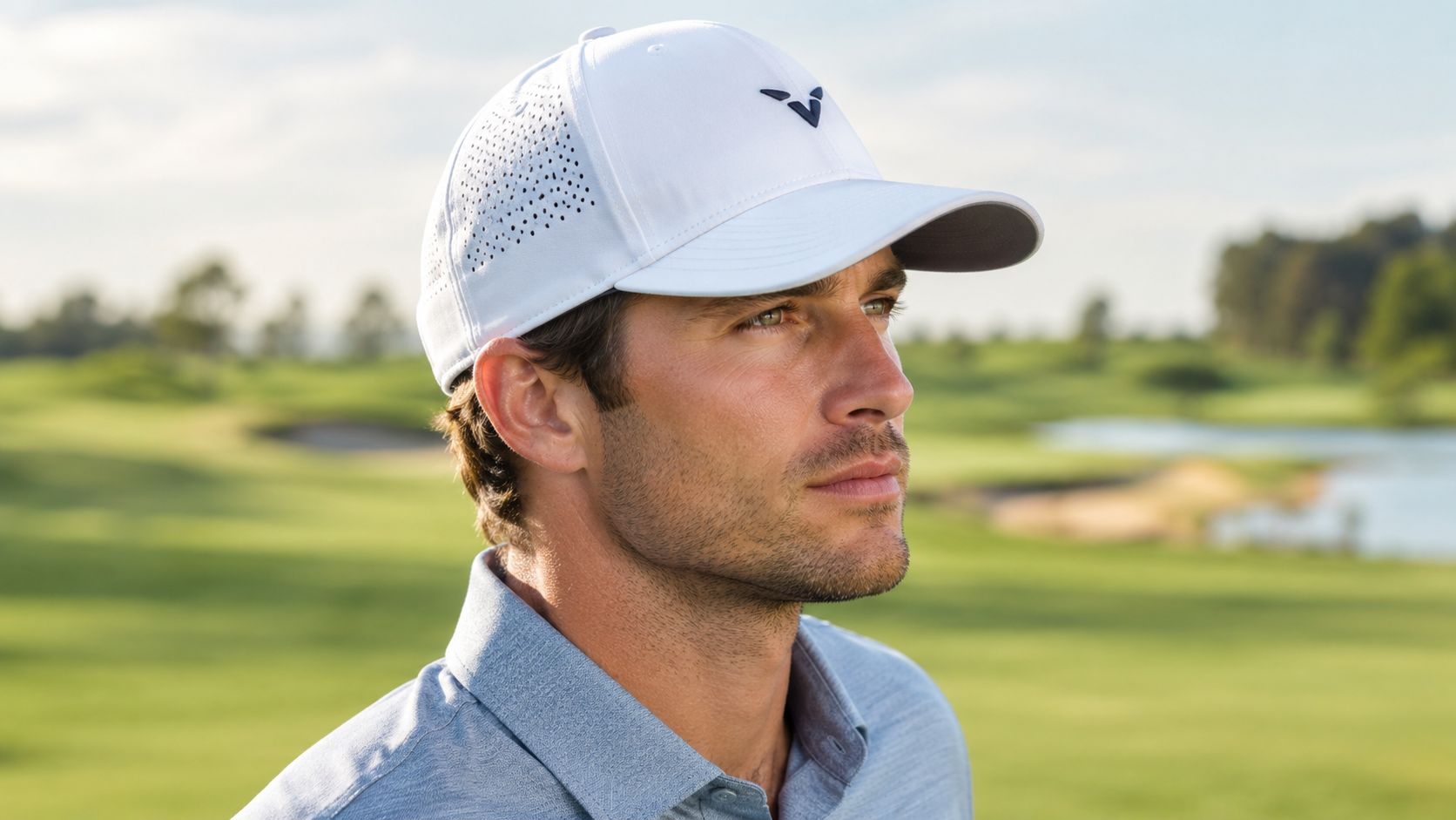 A professional golfer wearing a white adjustable performance hat while standing on a sunny golf course.