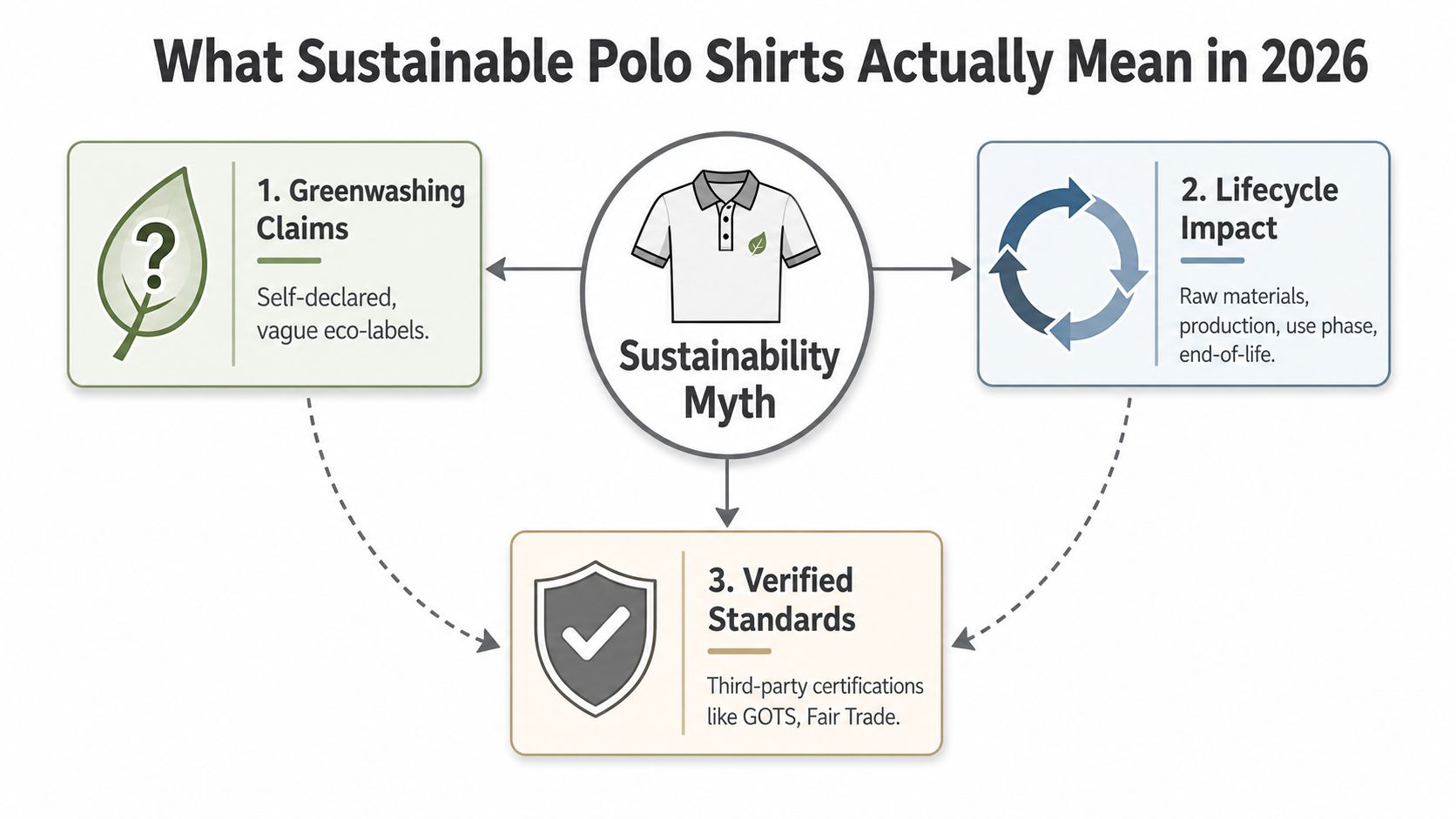 A diagram illustrating three key aspects of sustainable polo shirts: greenwashing, lifecycle impact, and verified standards.