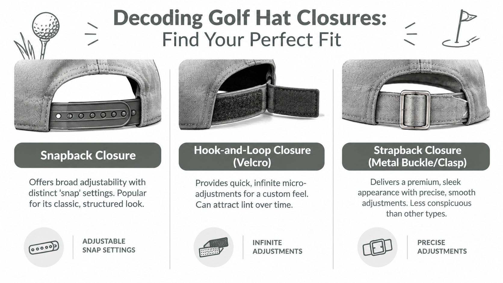 Three types of golf hat closure styles including snapback, hook-and-loop, and metal buckle strapback closures.
