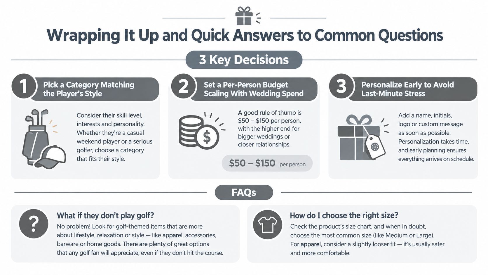 An infographic titled Wrapping It Up offering advice on choosing golf-themed gifts for wedding groomsmen.