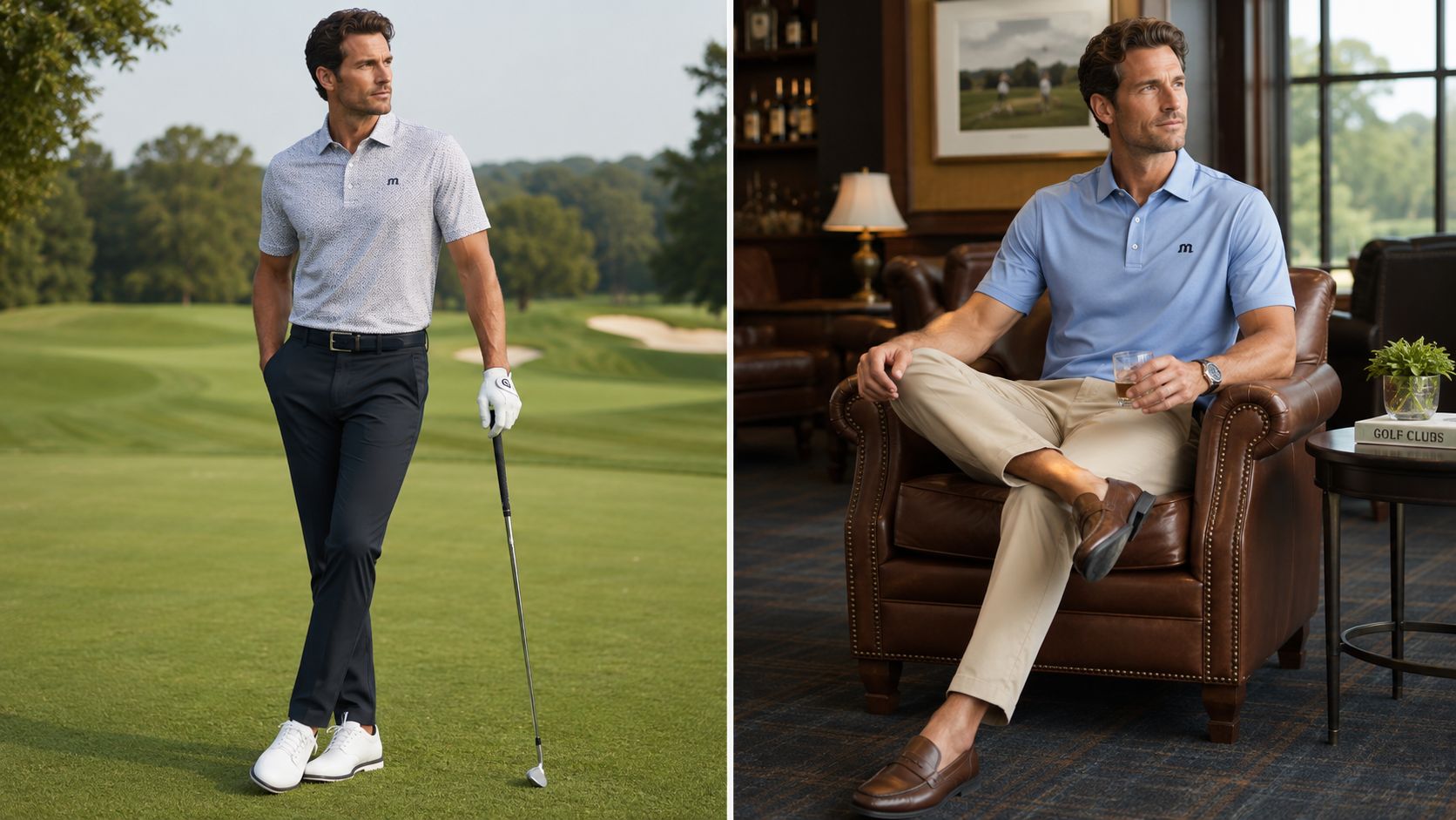 A split image showing a man in a patterned golf shirt on a course and a polo shirt indoors.