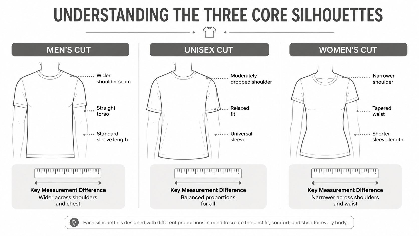 A diagram comparing the different fits and proportions of men's, unisex, and women's t-shirt silhouettes.