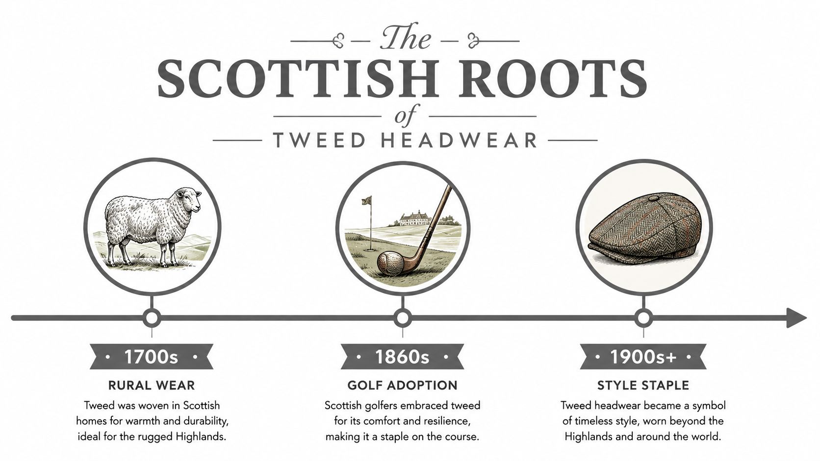 A timeline graphic showing the history of Scottish tweed headwear from rural origins to modern golf fashion.