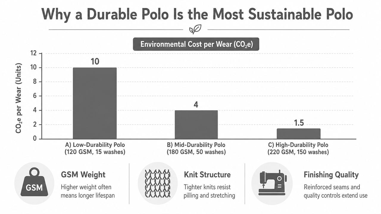 A bar chart comparing the environmental cost per wear of low, mid, and high-durability polo shirts.