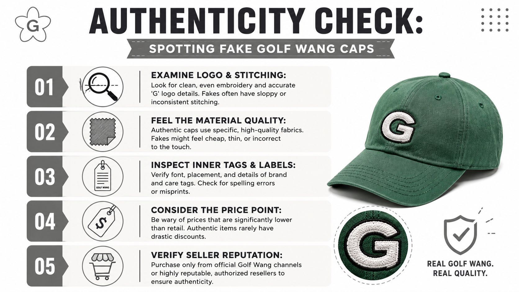 An infographic detailing five steps to identify authentic Golf Wang caps by examining logos, materials, and tags.
