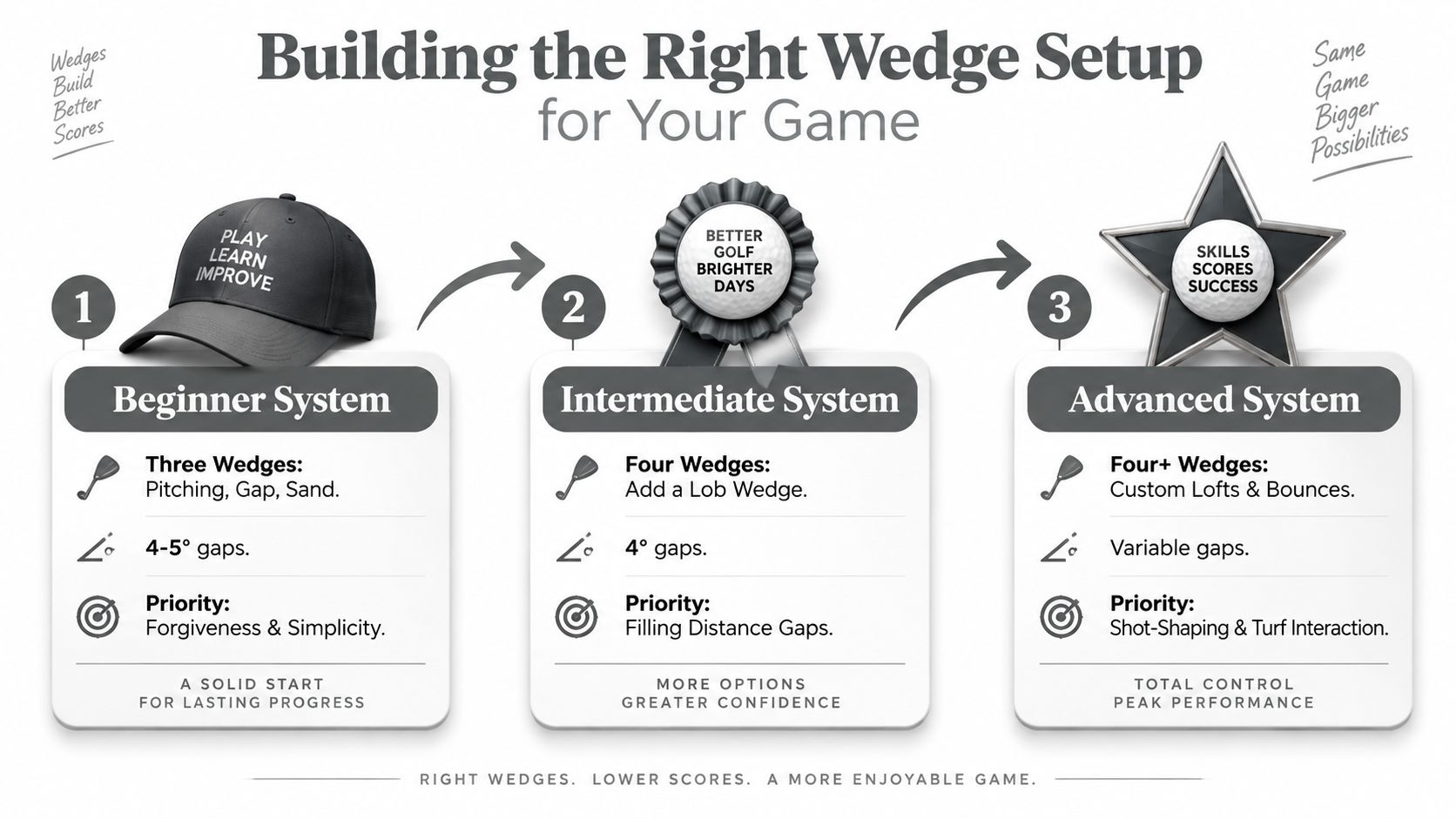 A diagram illustrating three levels of golf wedge setups for beginners, intermediate, and advanced golf players.