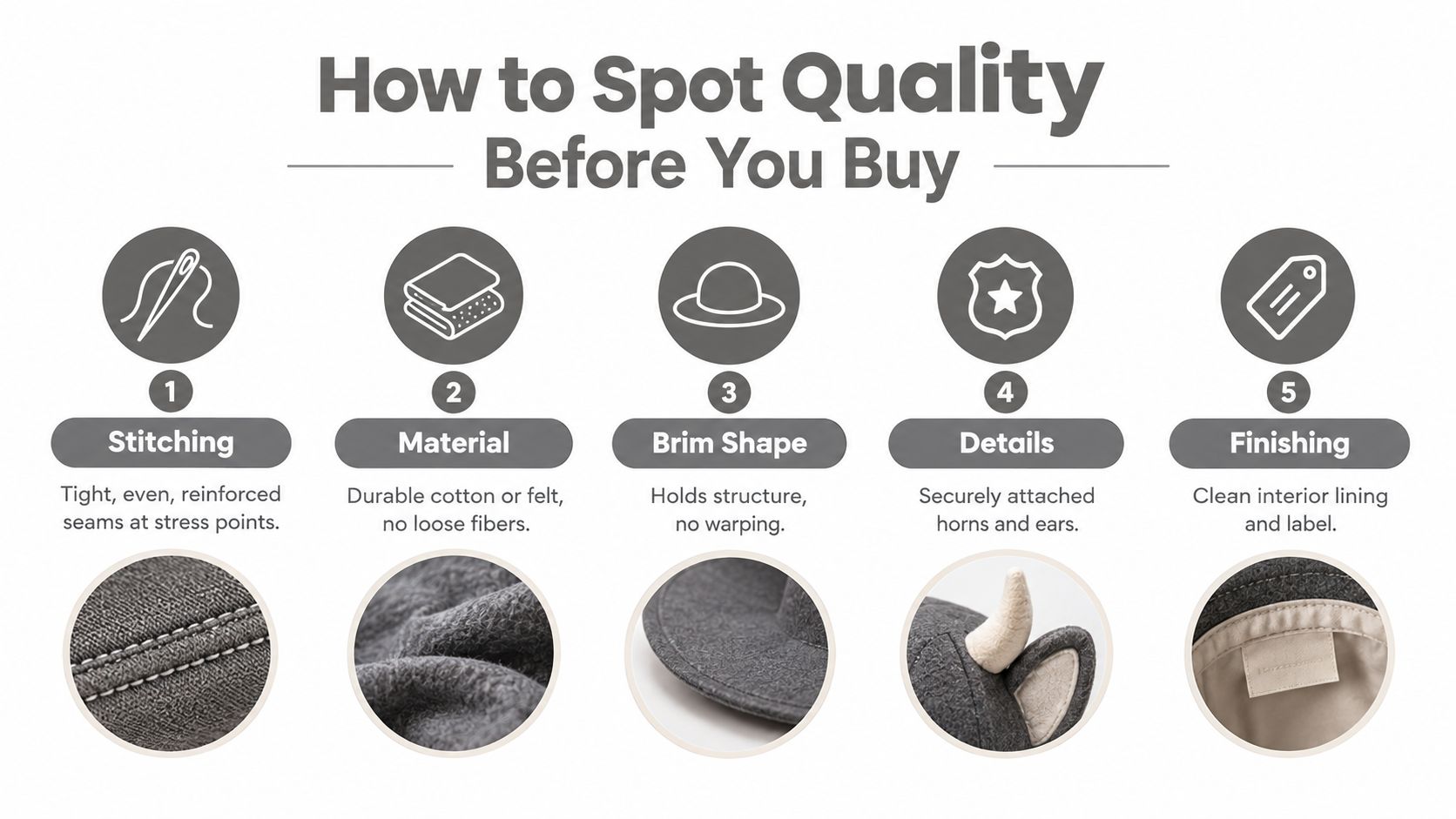 An infographic titled How to Spot Quality Before You Buy, showing five tips for inspecting hats.