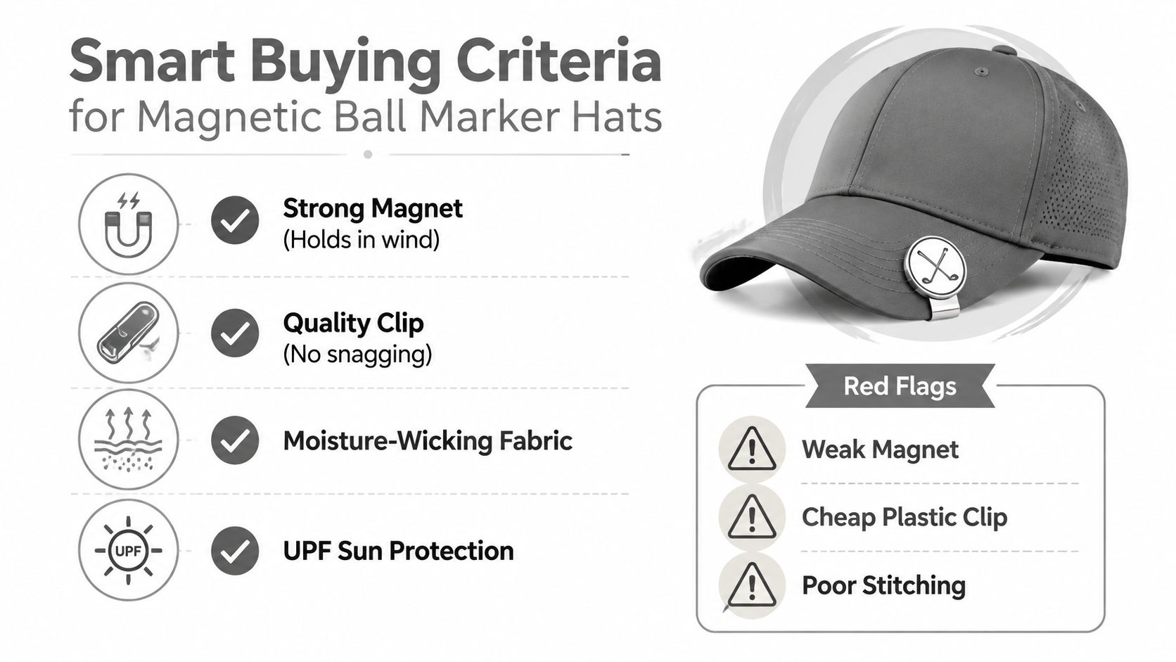 An infographic showing buying criteria and red flags for selecting a quality magnetic ball marker golf hat.