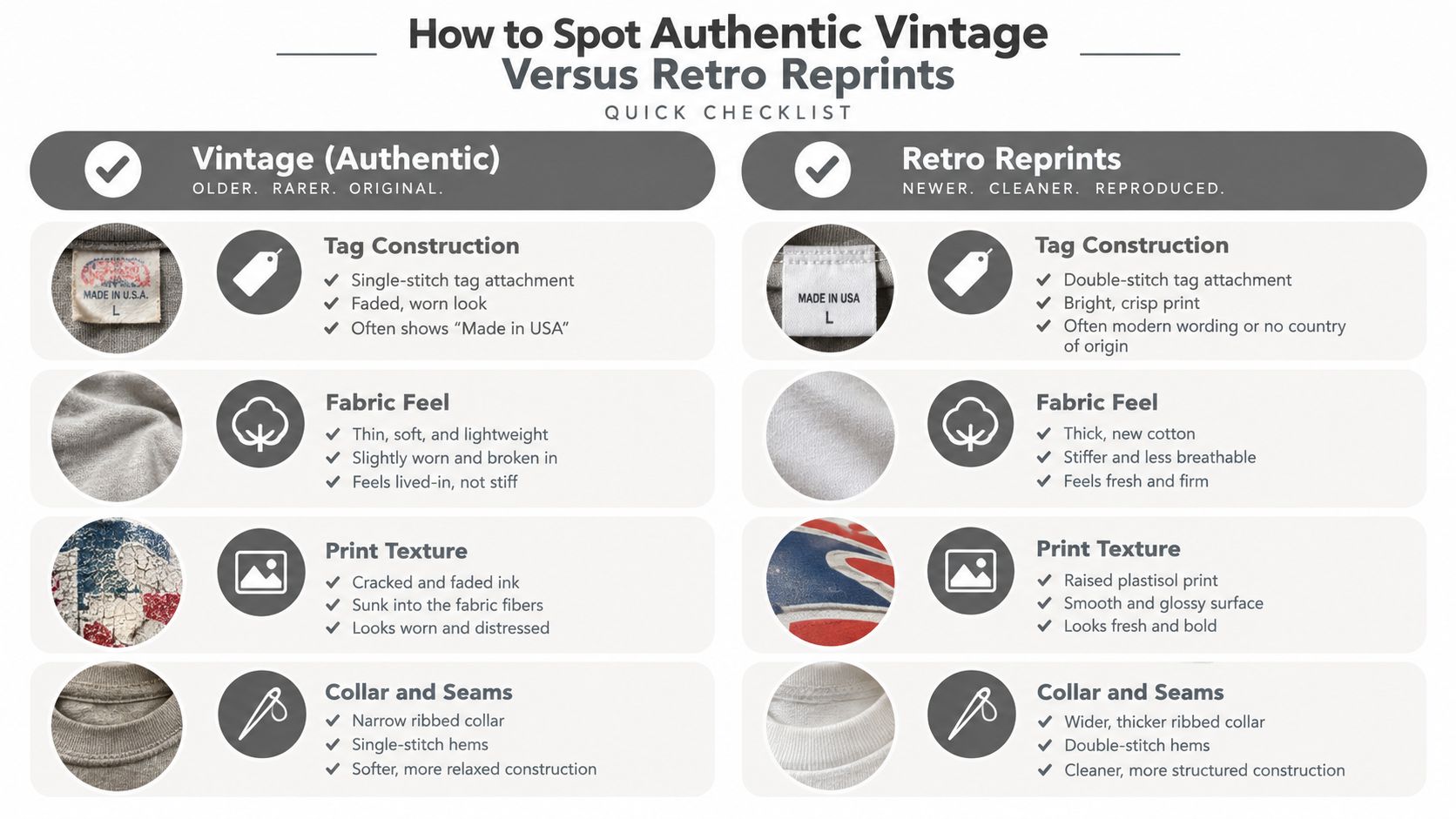 A quick checklist infographic comparing authentic vintage t-shirts against modern retro reprint clothing items.
