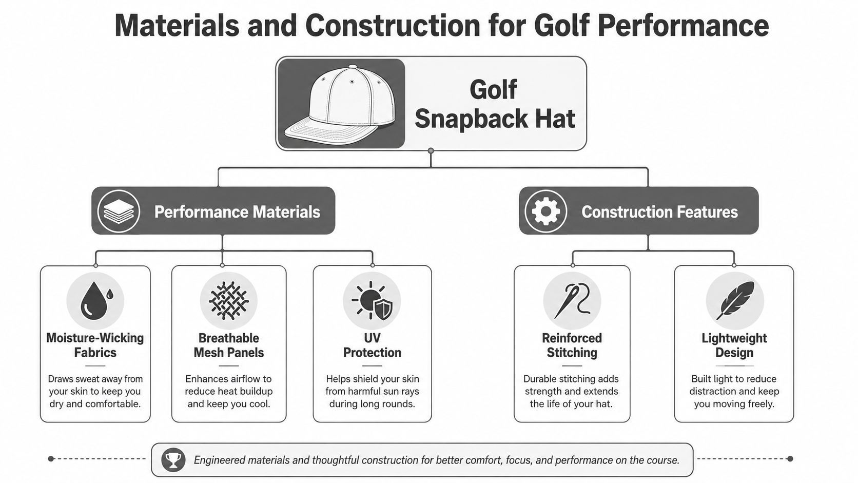 An infographic detailing the materials and construction features of a performance golf snapback hat.