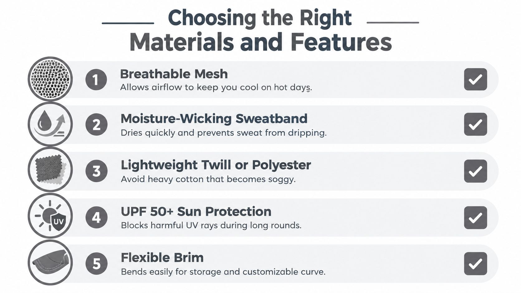 A list of five essential features for choosing a comfortable and functional golf hat for outdoor use.