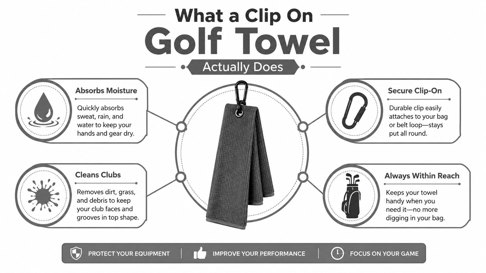 A gray microfiber clip on golf towel with an attached carabiner, displayed with its functional benefits for golfers.