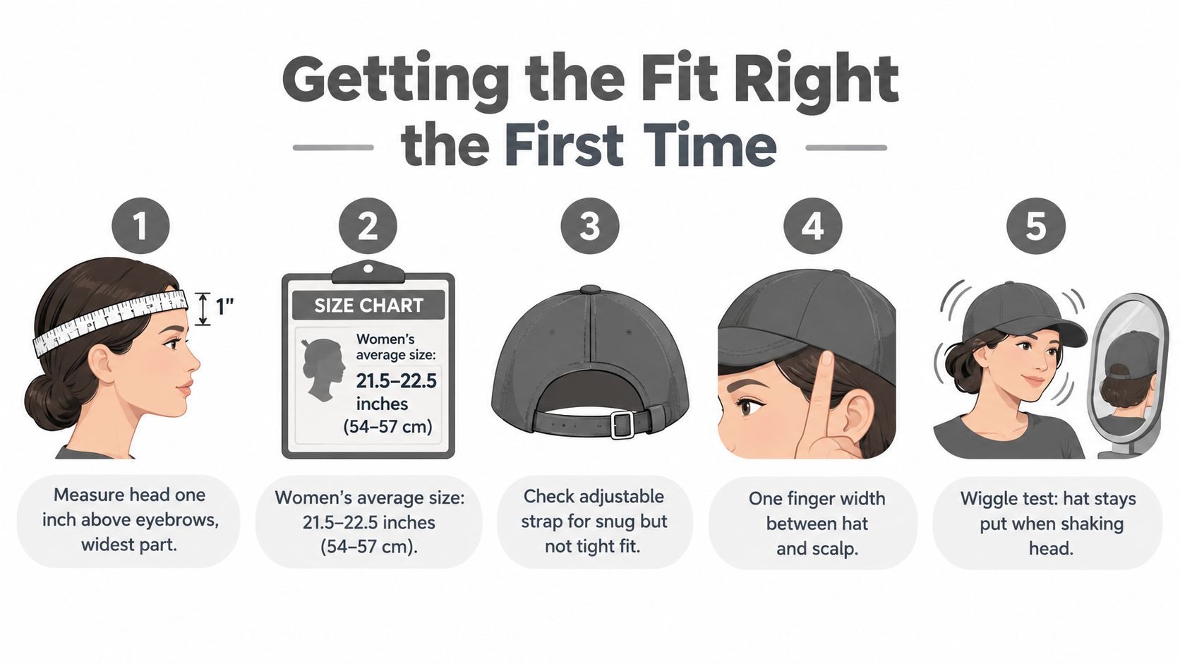 A five-step instructional guide on how to correctly measure and fit a baseball hat for women.