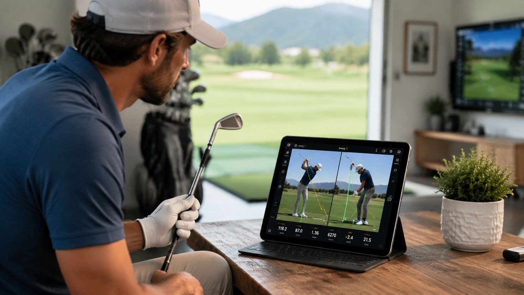 A golfer reviewing his swing mechanics on a tablet screen while holding a golf club at home.