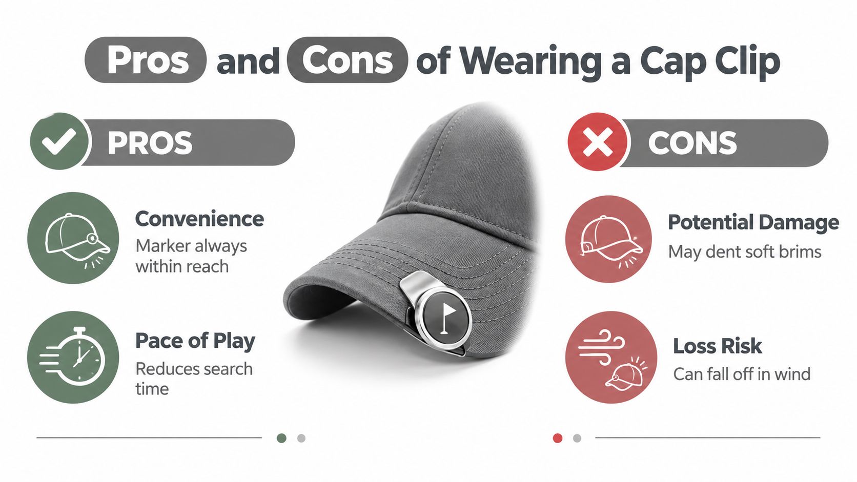 An infographic showing the pros and cons of using a golf cap clip for ball markers.
