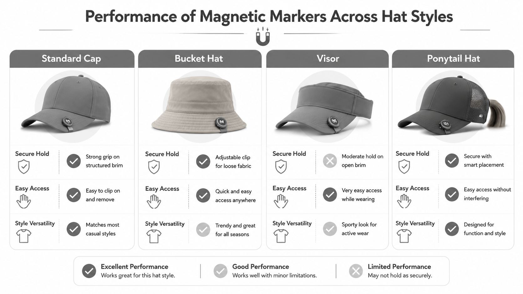 A comparison chart showing how magnetic golf ball markers perform on standard caps, bucket hats, visors, and ponytail hats.
