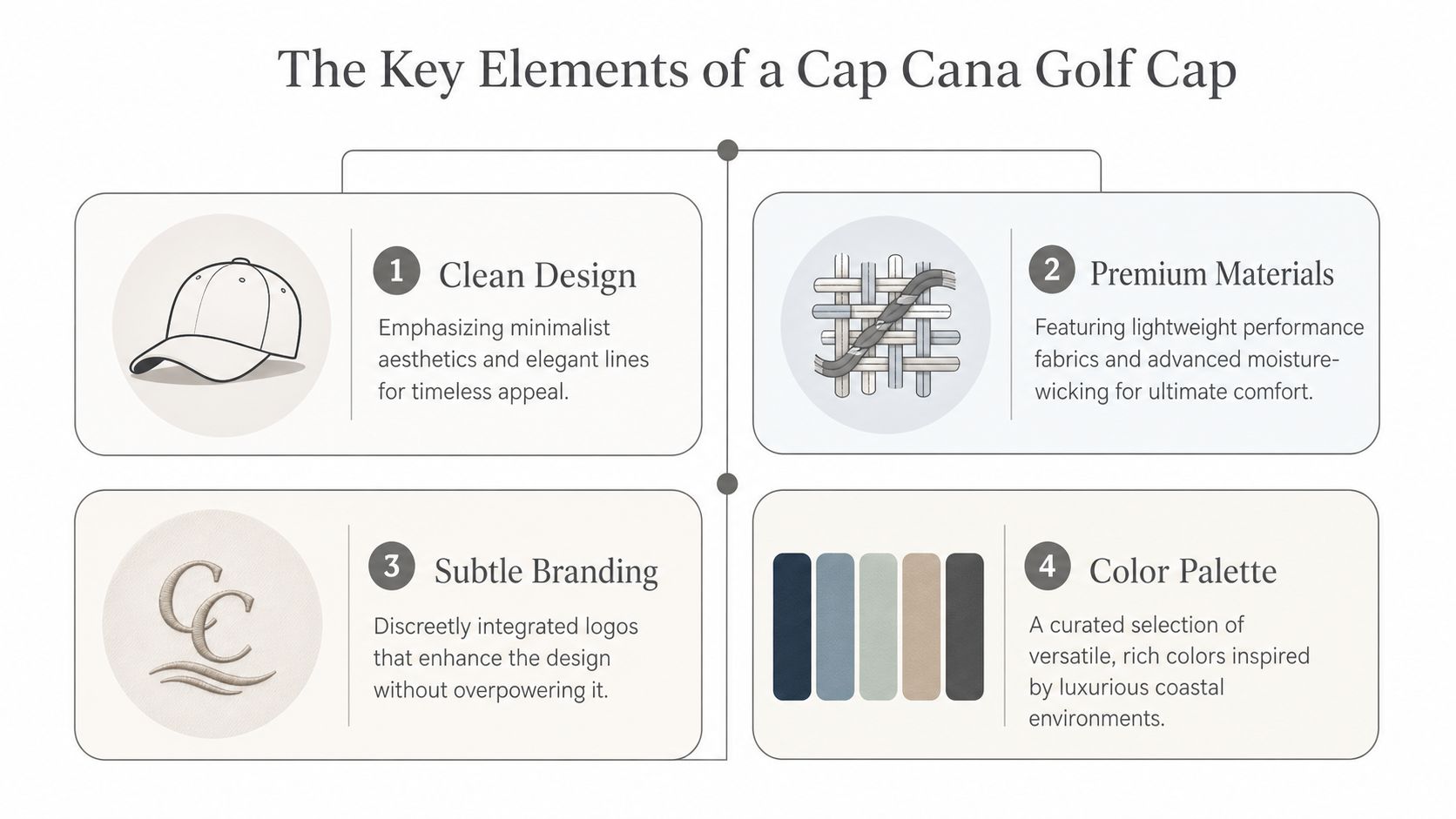An infographic detailing the four key design elements of a Cap Cana golf cap including fabric and aesthetics.