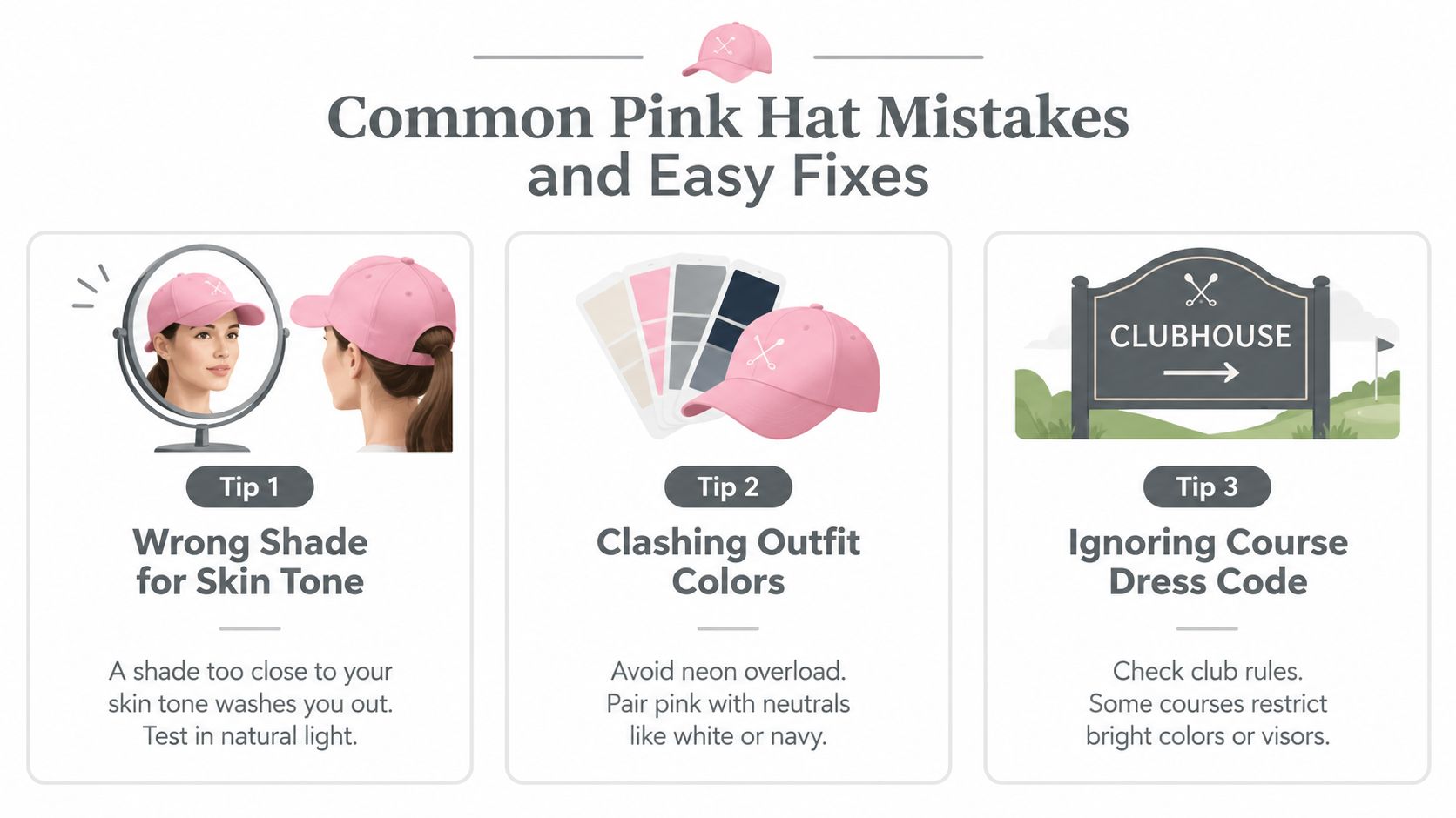 An infographic displaying common mistakes when wearing a pink golf hat and how to fix them.